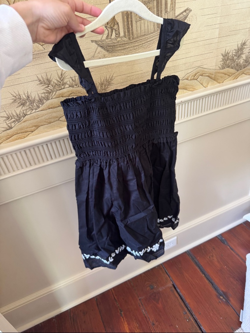 Janie and Jack Black Smocked Strap One-Piece with White Embroidered Hem